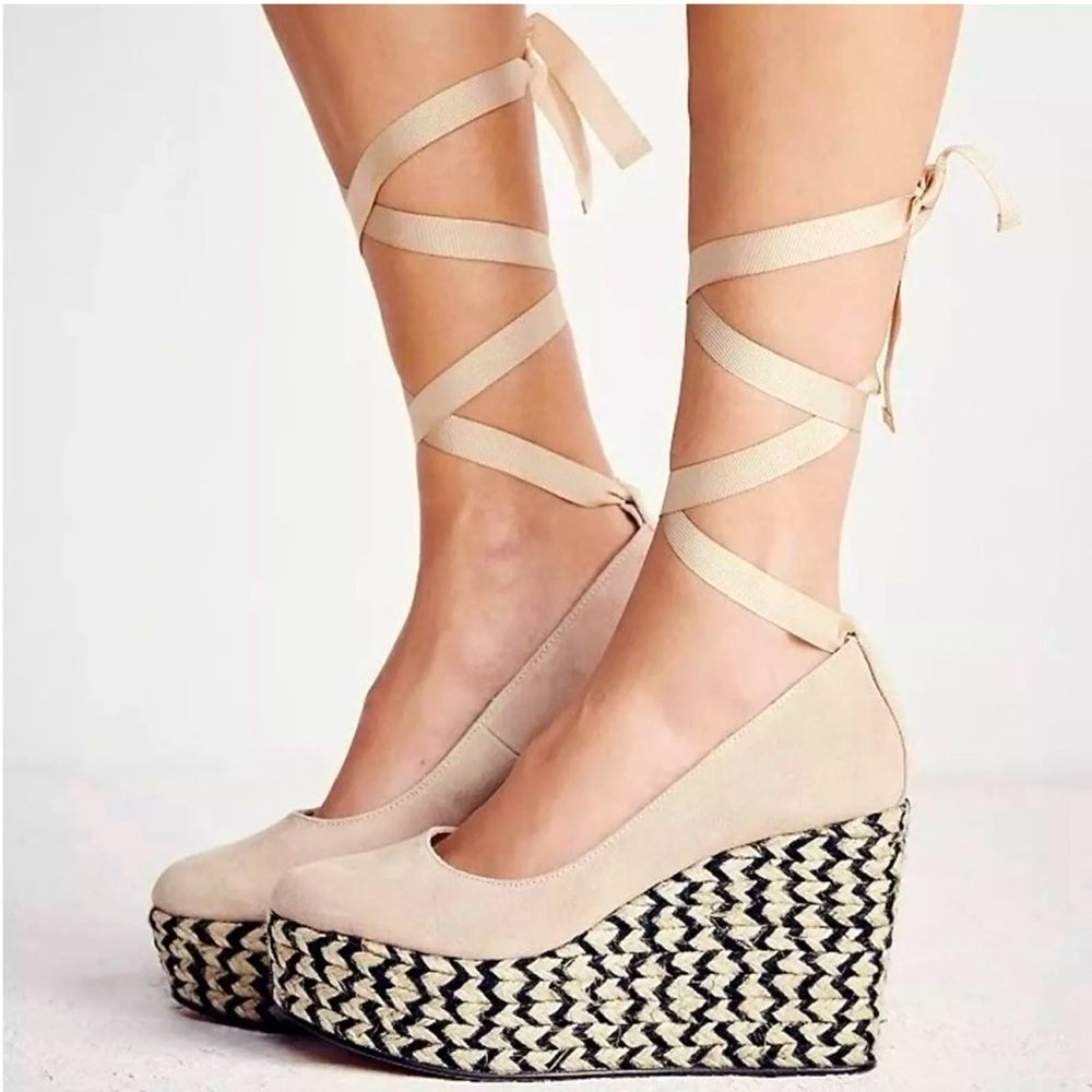Free People Nude Charade Suede Platform Ballerina Ribbon Tie Espradille size 41
